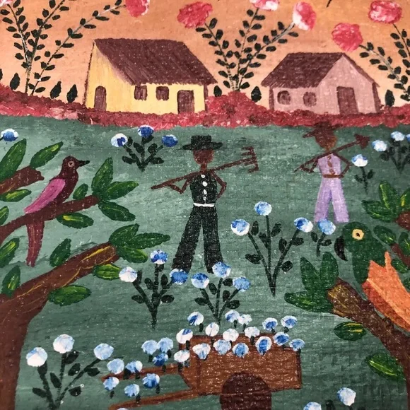 Original Folk Art/Painting/Acrylic on Canvas Picking up Cotton Signed